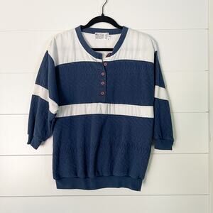 Vintage 80s Mizz Lizz Navy White Colorblock Button Up Henley‎ Sweatshirt